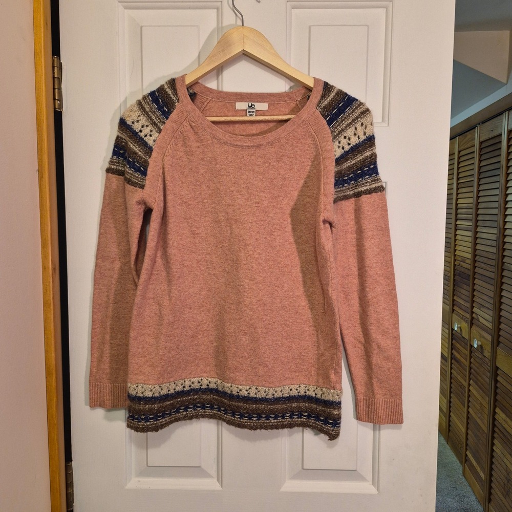 YA Los Angeles Women One SZ Sweater Pink Fair Isle Raglan‎ Knit Pullover YL16597